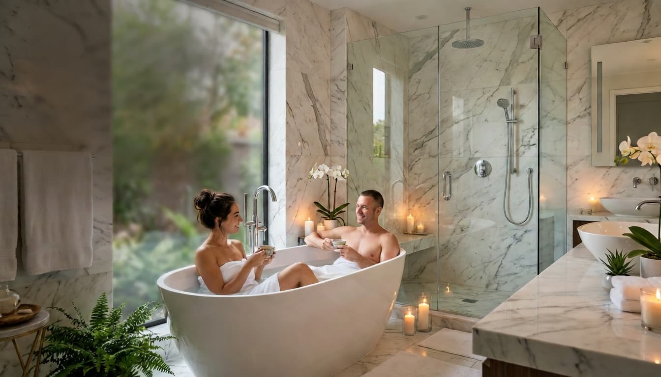 Luxury marble bathroom with crystal-clear shower glass